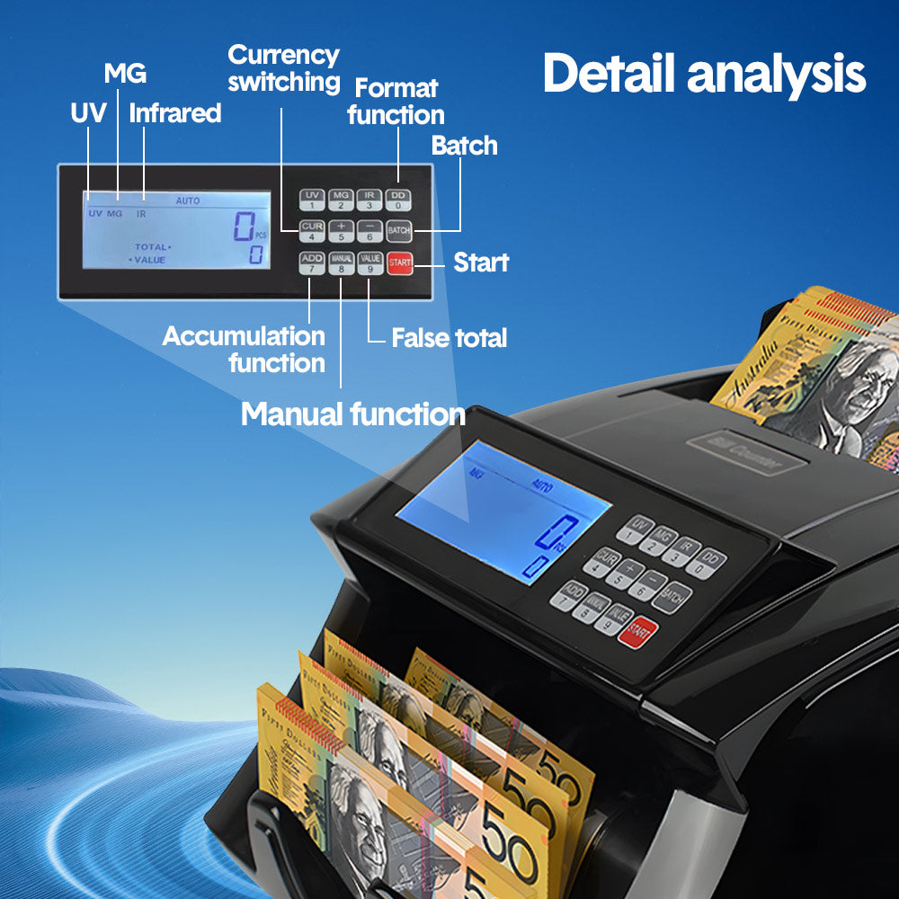 Auto Money Bill Counter Counting Machine Australia Notes with UV MG IR Detector