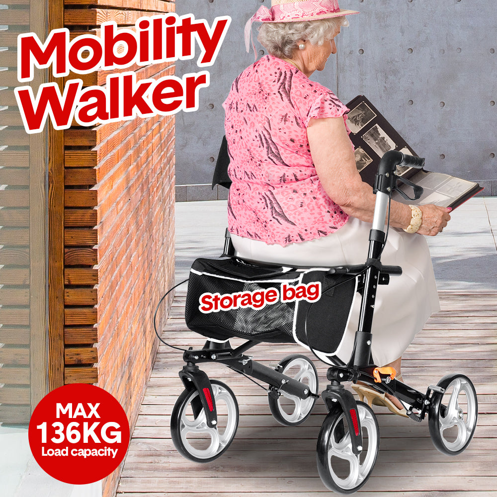 Mershine 4 Wheel Folding Rollator Walker Aluminium Walking Mobility Aid Lightweight
