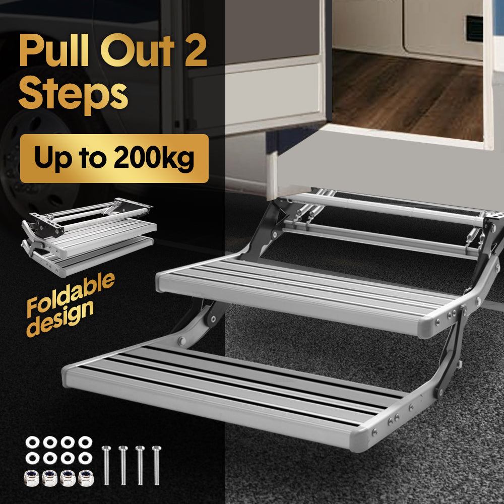 Mershine Caravan Double Step Pull Out Retractable Aluminum 2 Step RV Camper Aluminium
