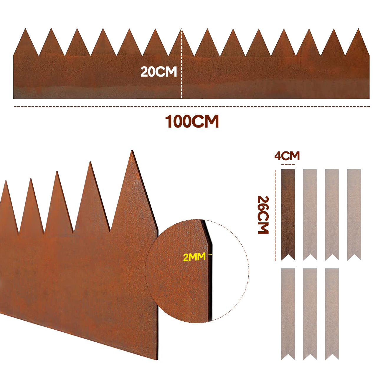 Mershine Garden 6 Pack Steel Landscape Edging w/Rust Patina Finish - 100CM x 20CM Strips Metal Border w/ 7 Clips & Gloves -Edge for Lawn Yard (600CM Total)