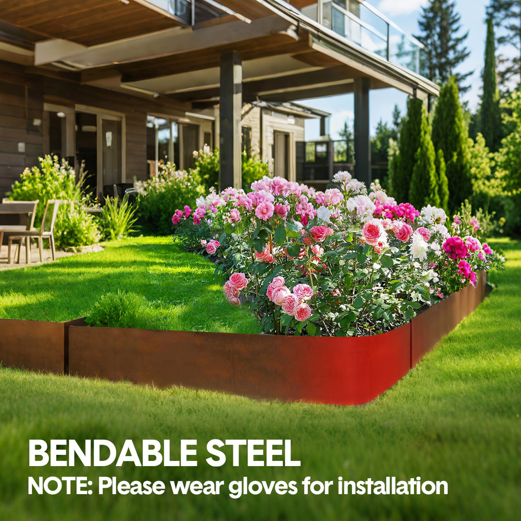 Mershine Garden 6 Pack Steel Landscape Edging w/Rust Patina Finish - 100CM x 20CM Strips Metal Border w/ 7 Clips & Gloves -Edge for Lawn Yard (600CM Total)