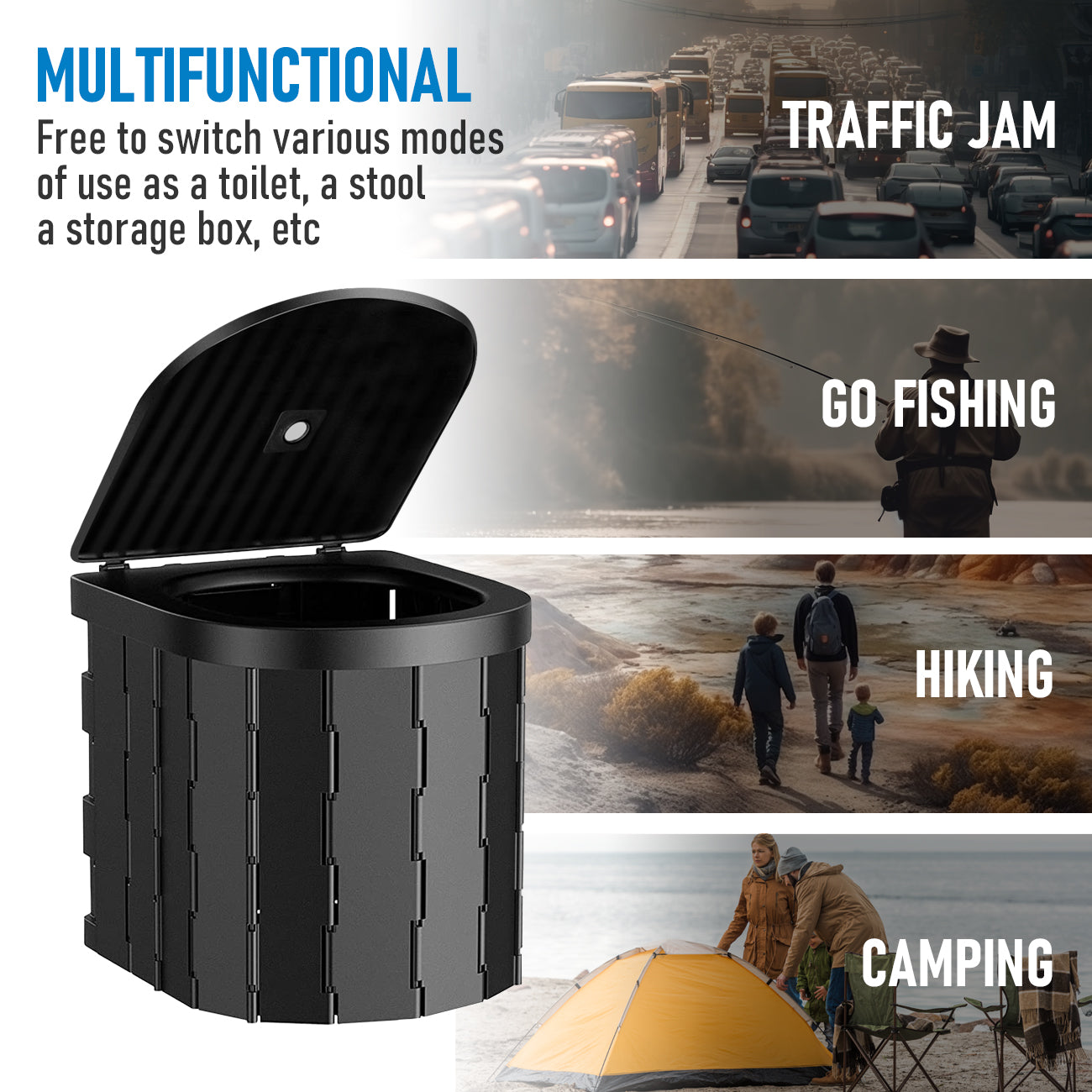 Mershine Foldable Portable Toilet Hiking Outdoor Travel Emergency Toilet Camping Black