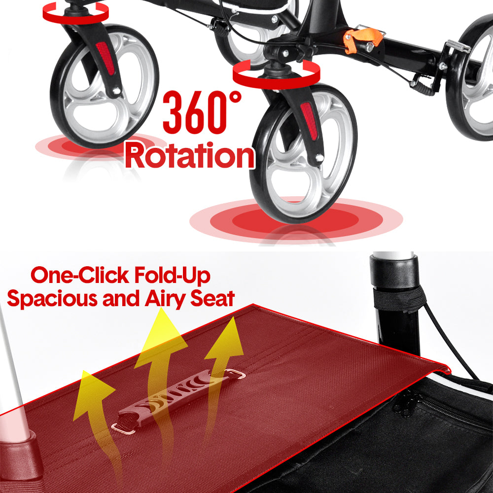 Mershine 4 Wheel Folding Rollator Walker Aluminium Walking Mobility Aid Lightweight