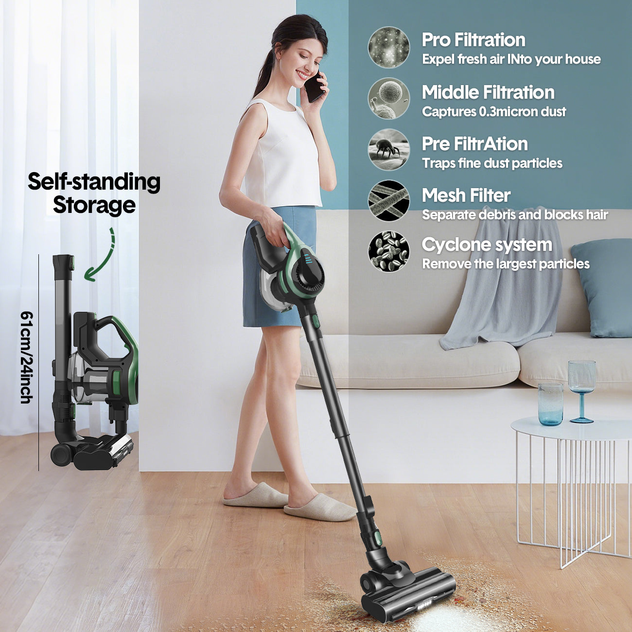 Mershine Cordless Vacuum Cleaner Stick Vacuum Self-Standing Powerful Vacuum CT5PRO