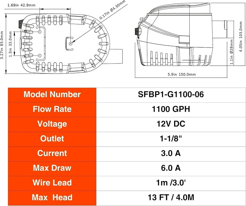 Mershine SEAFLO 12V 1100GPH Automatic Bilge Pump Marine Boat Auto Submersible Pump